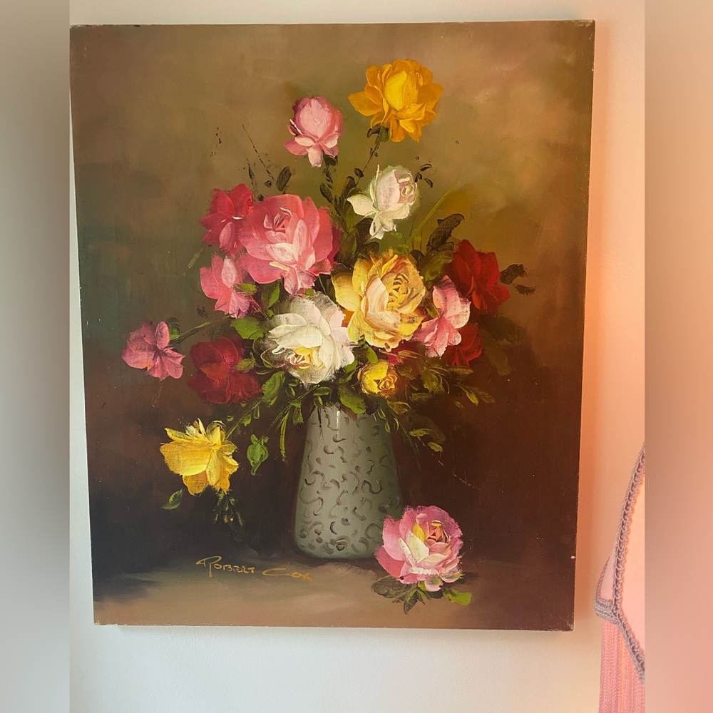 Floral Still Life Painting with Pink and Yellow Roses
